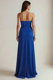 Strapless Royal Blue Ruched Long Formal Dress with Slit
