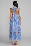 Blue Halter A Line Tiered Floral Wedding Guest Dress