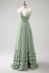 Dusty Sage A Line Halter Ruched Chiffon Ruffle Long Bridesmaid Dress with Slit