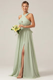 Dusty Sage A Line Halter Pleated Long Maternity Bridesmaid Dress