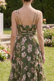 Floral Spaghetti Straps Ruffled Dark Green Wedding Guest Dress