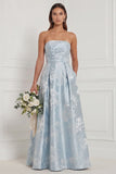 Blue A Line Strapless Floral Bridesmaid Dress