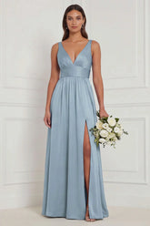 Dusty Blue A Line V Neck Bridesmaid Dress with Slit