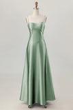 Dusty Sage A Line Spaghetti Straps Satin Long Bridesmaid Dress with Lace Up Back