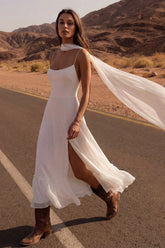 Ivory A Line Pleated Midi Engagement Dress with Slit