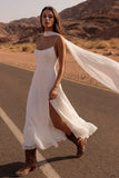 Ivory A Line Pleated Midi Engagement Dress with Slit