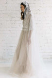 Bateau Lace Half Sleeve A Line Tulle Dress With Low V Back