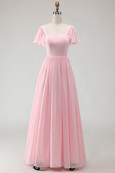 Candy Pink A Line Flutter Sleeves Long Bridesmaid Dress with Lace Up Back