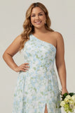 One Shoulder Blue White Flower Print Sheath Long Plus Size Bridesmaid Dress with Slit