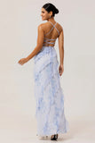 Blue Flower Sheath Printed Long Bridesmaid Dress with Lace Up Back