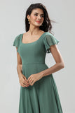 Eucalyptus A Line Square Neck Long Bridesmaid Dress with Slit