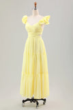 Simple Lemon Yellow A Line Pleated Chiffon Wedding Party Guest Dress with Ruffles
