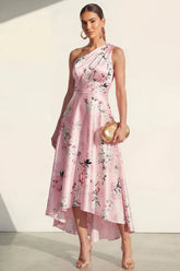 One Shoulder Ruched A Line Pink Printed Wedding Guest Dress