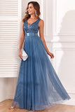 Sparkly Blue A Line V Neck Mother of the Bride Dress