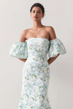 Blue White Flower Mermaid Strapless Satin Convertible Dress with Removable Sleeves