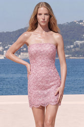 Sparkly Pink Strapless Bodycon Homecoming Dress with Lace up Back