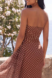 Brown White Polka Dot Strapless Maxi Dress with Sash