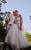 Beach Sexy Mermaid Lace Wedding Dress with Tull Court Train V neck Open Back