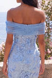 Off the Shoulder Applique Mermaid Blue Wedding Guest Dress