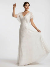 Vintage Graceful Floral V neck V back Side Button Decorated Lace Wedding Dress With Butterfly Sleeves