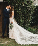 Brilliant Lace Bohemian Deep V Back Cathedral Train Wedding Dress