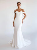 Simple White Mermaid Off the Shoulder Boho Wedding Dress
