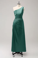 Dark Green Sheath One Shoulder Satin Long Bridsmaid Dress