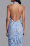 Halter Blue Appliqued Sheath Midi Wedding Guest Dress