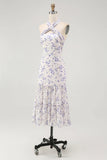 Blue Floral Halter Neck A Line Tiered Chiffon Midi Dress