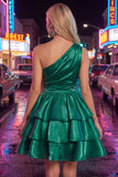 One Shoulder Tiered Ruffle A Line Dark Green Homecoming Dress