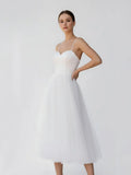 A Line Spaghetti Straps White Satin Tulle Tea Length Wedding Dresses
