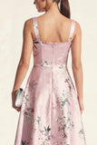 Pink Printed Satin A Line Midi Wedding Guest Dress