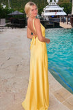 Sheath V Neck Tie Back Maxi Dress with Slit in Yellow