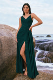 Dark Green A Line Watteau Train Long Chiffon Bridesmaid Dress with Slit