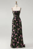 Black Pink Flower Corset Chiffon Long Bridesmaid Dress with Side Streamer