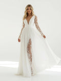 Long Sleeve Boho Flowy Wedding Dress Lace A Line V Neck Beach Gown with Split Front and Sweep Train