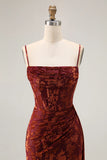 Burgundy Mermaid Corset Streamer Velvet Burnout Long Bridesmaid Dress with Slit