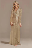 Sparkly Navy A Line V Neck Mother Of Bride Dress with Long Sleeves