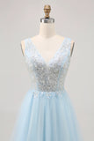 Blue A Line V Neck Floral Appliqued Short Homecoming Dress