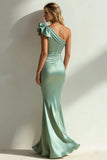 Sage Green Mermaid One Shoulder 3D Flower Cut Out Long Formal Dress