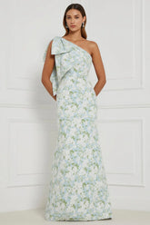 Blue White Flower Mermaid One Shoulder Print Long Bridesmaid Dress with Bow