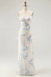 White Blue Flower Sheath Velvet Burnout Maxi Dress with Lace Up Back