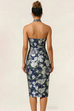 Halter Sheath Navy Flower Midi Wedding Guest Dress