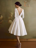 Vintage Sleeved A Line V neck Satin Tea Length Wedding Dress
