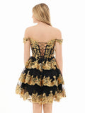 Ronda Gold Off the Shoulder Applique Ruffle Homecoming Dress