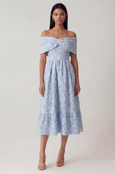 Off the Shoulder Blue Jacquard A Line Midi Wedding Guest Dress