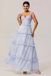 Blue A Line Chiffon Ruffle Print Floral Long Bridesmaid Dress with Lace Up Back