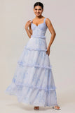 Blue A Line Chiffon Ruffle Print Floral Long Bridesmaid Dress with Lace Up Back