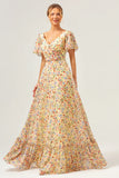 Yellow Flower Printed A Line Chiffon Long Bridesmaid Dress with Short Sleeves