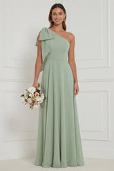 One Shoulder Bow A Line Sage Bridesmaid Dress with Lace up Back
